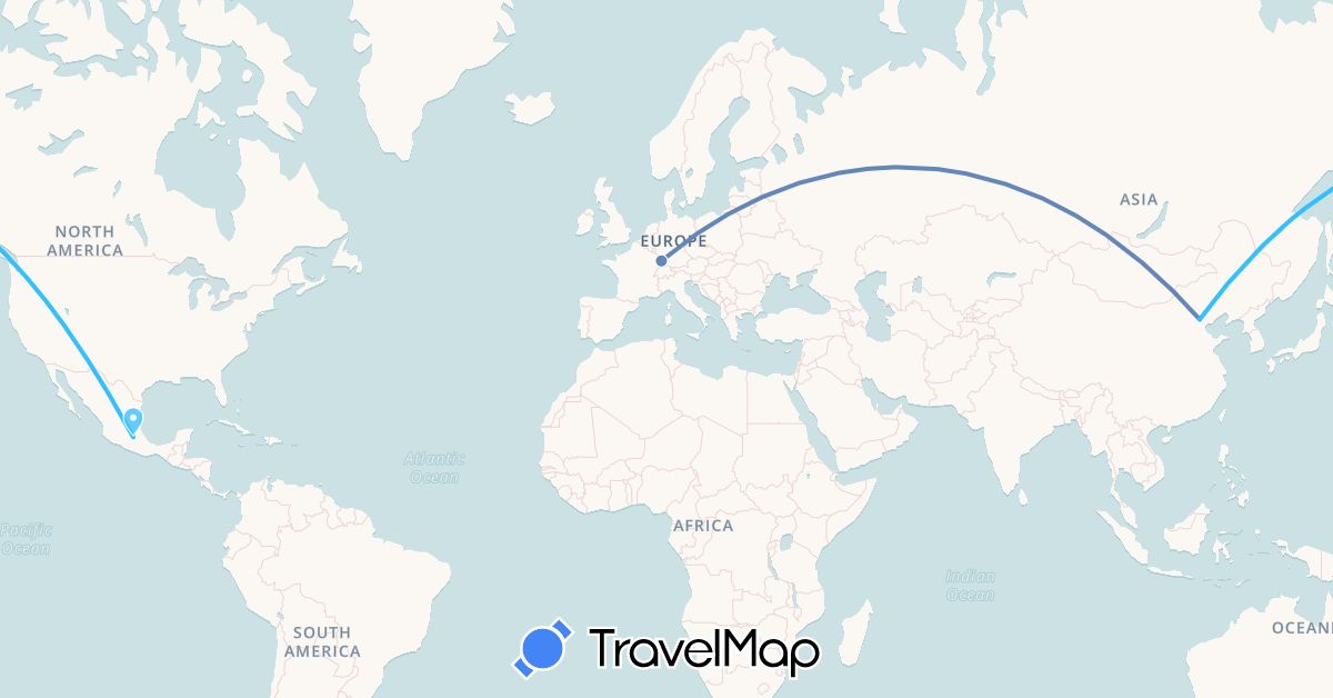 TravelMap itinerary: driving, cycling, boat in China, France, Mexico (Asia, Europe, North America)